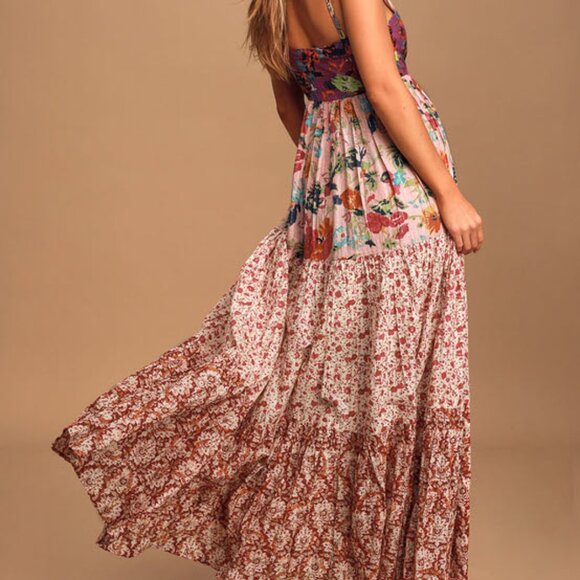 Lulus Boldly Boho Pink Multi Floral Print Tiered Maxi Dress - Size L - Picture 3 of 11